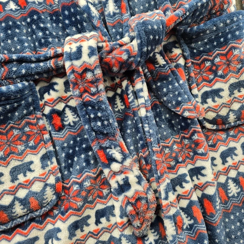 Chubbies Robe Mens One Size Blue Red Fair Isle Bear Fleece Belted Pockets Posh